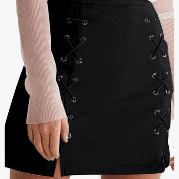 Mini Faux Suede High Waist Lace Up Pencil Skirt Sz M - Picture 3 of 9